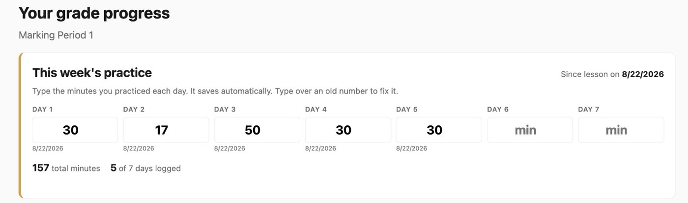 Digital lesson planner — practice minutes and week status