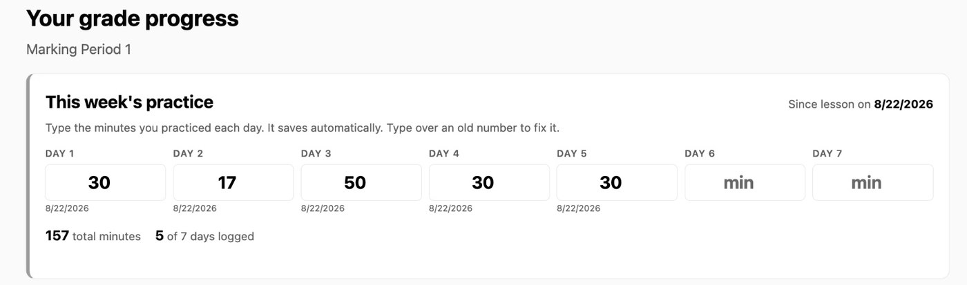 Digital lesson planner — practice minutes and week status